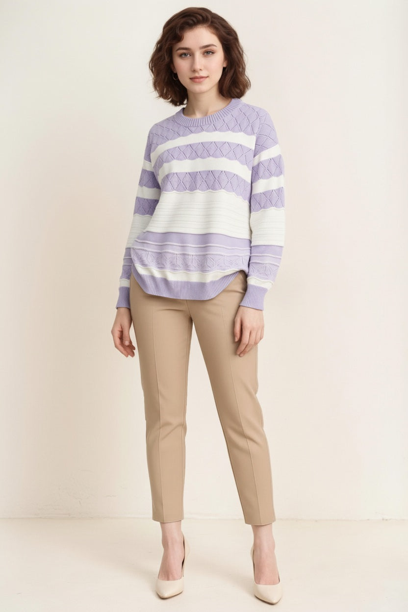 Women Striped Round Neck Pullover Sweater