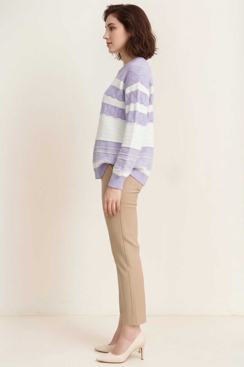 Women Striped Round Neck Pullover Sweater