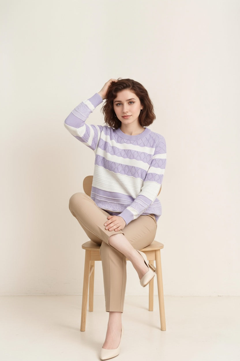 Women Striped Round Neck Pullover Sweater