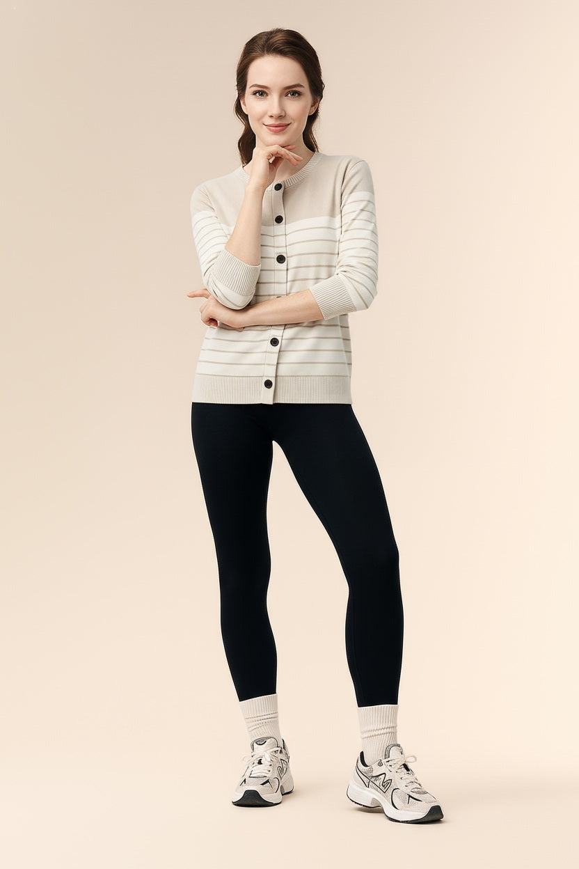 Women Striped Round Neck Cardigan Sweater