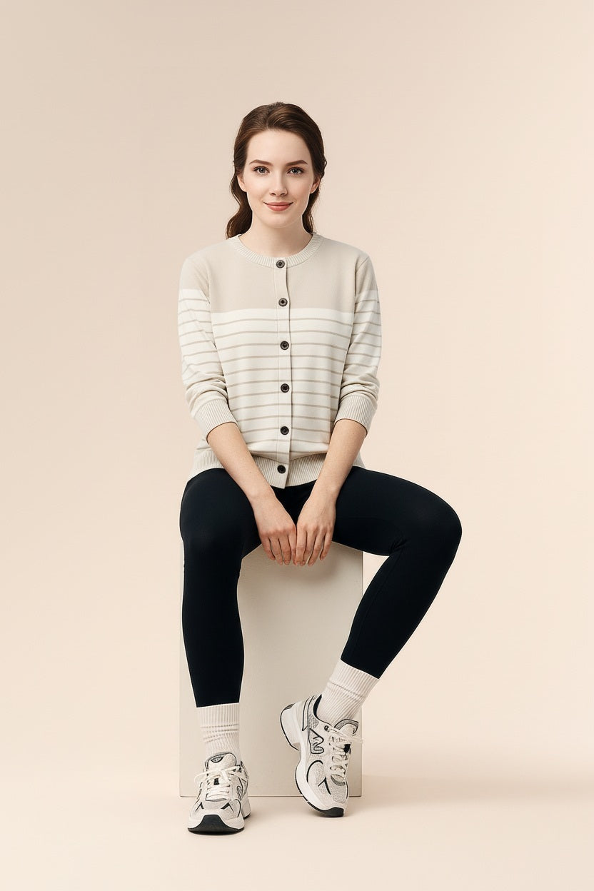 Women Striped Round Neck Cardigan Sweater