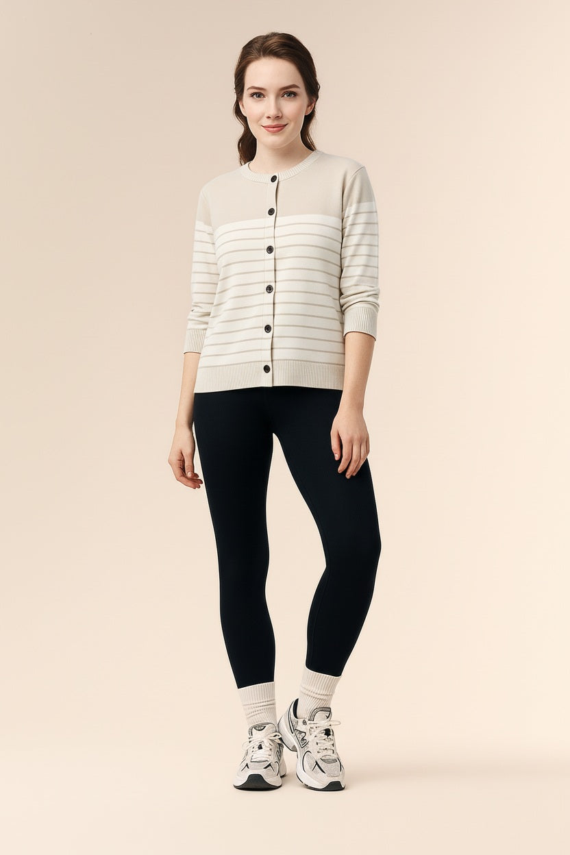 Women Striped Round Neck Cardigan Sweater