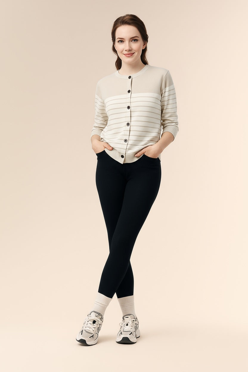 Women Striped Round Neck Cardigan Sweater