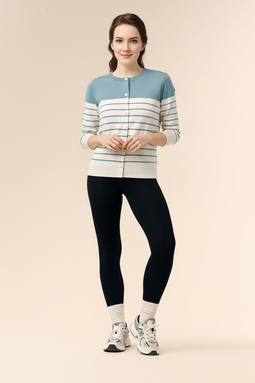 Women Striped Round Neck Cardigan Sweater