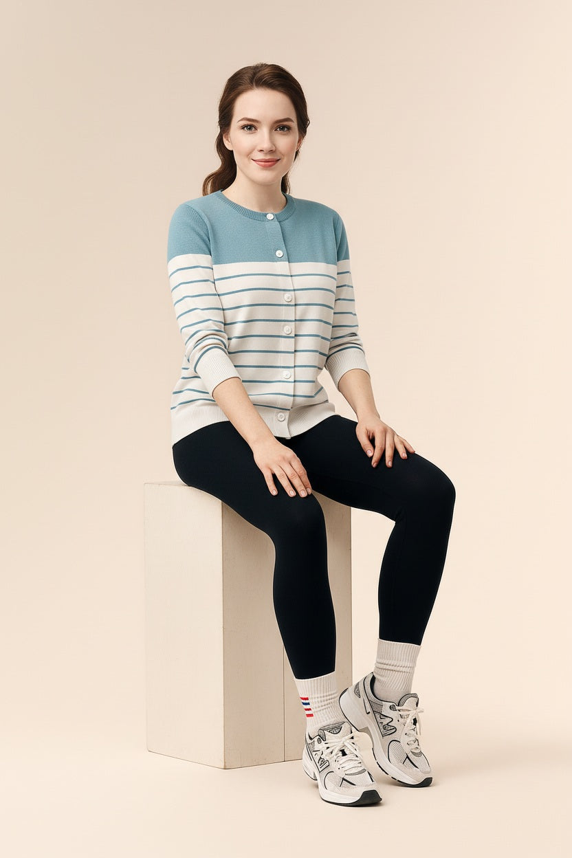 Women Striped Round Neck Cardigan Sweater