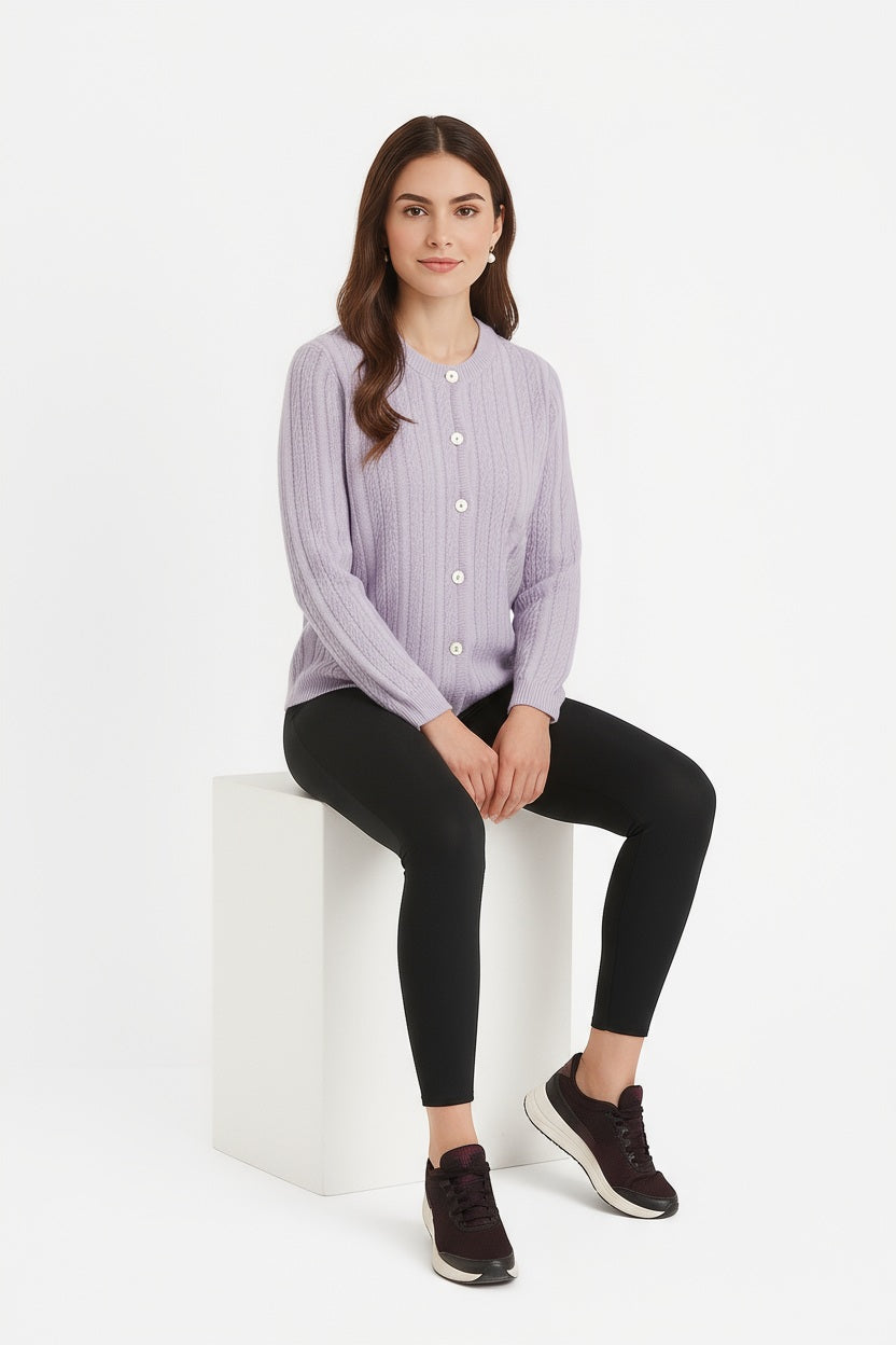 Women Cable Knit Cardigan Round Neck Sweater