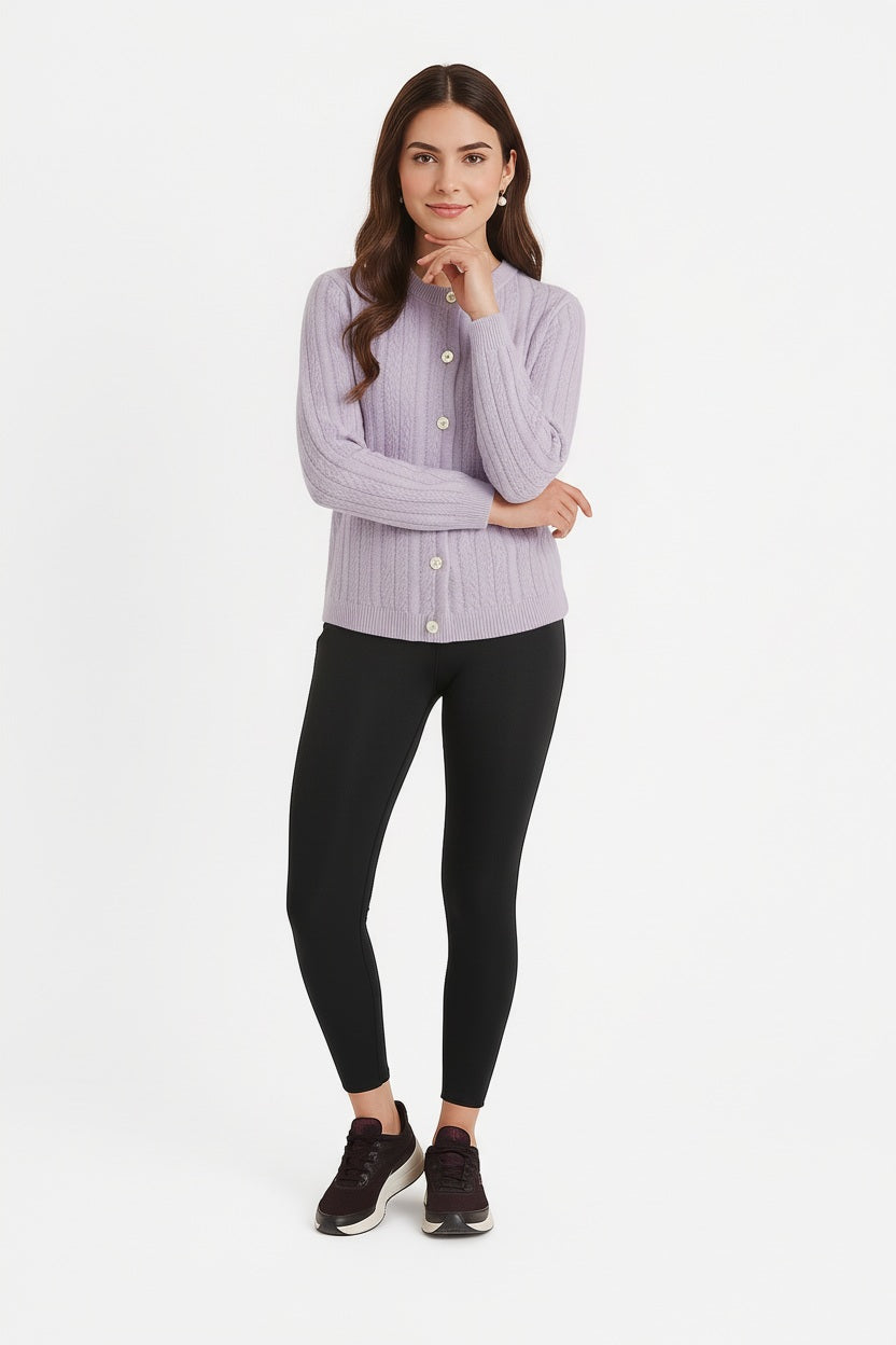 Women Cable Knit Cardigan Round Neck Sweater