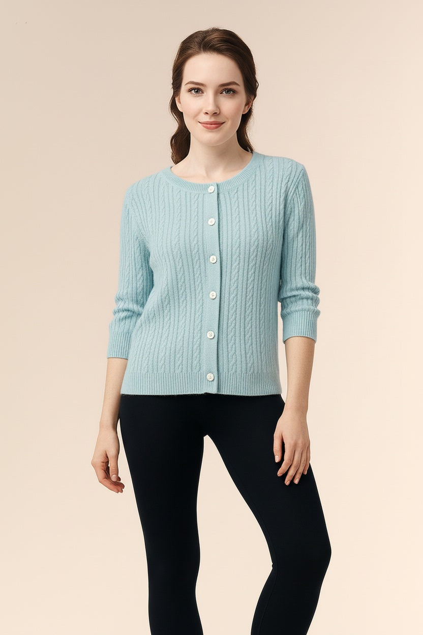 Women Cable Knit Cardigan Round Neck Sweater