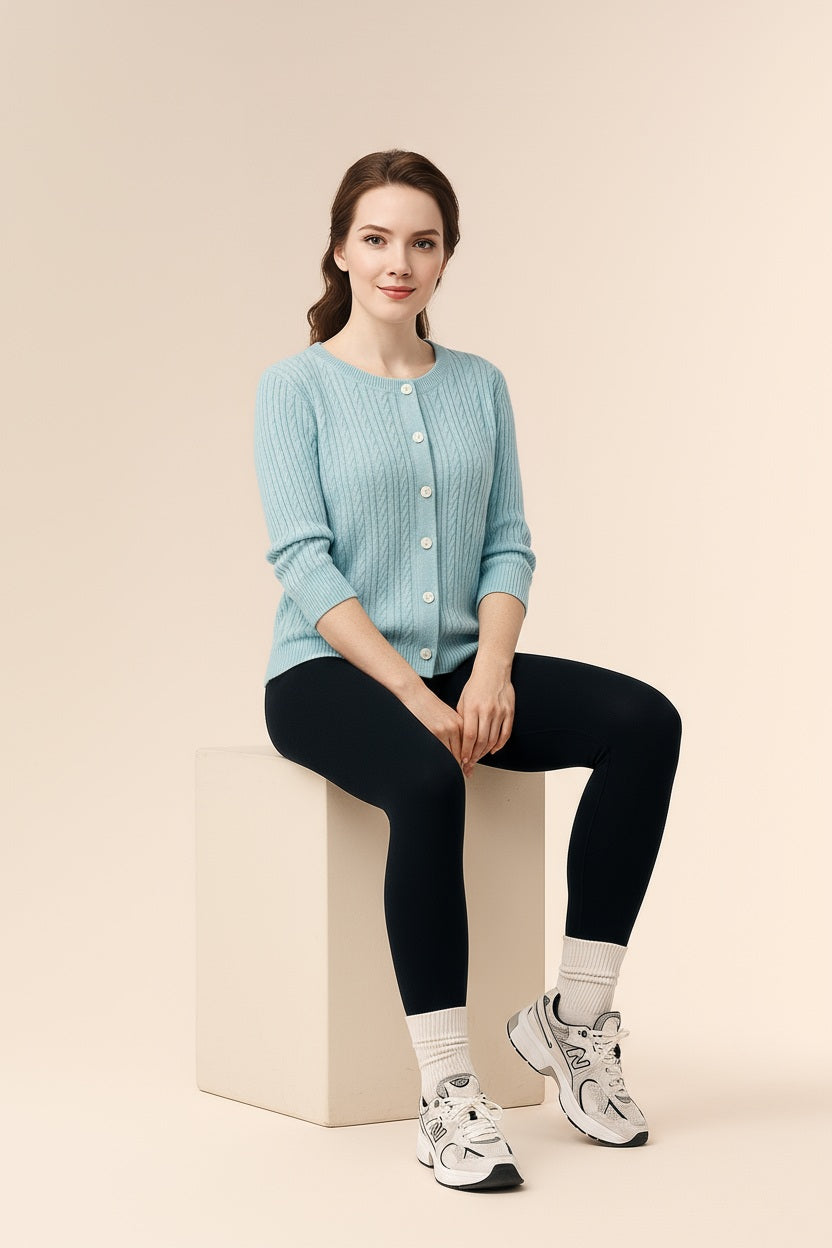 Women Cable Knit Cardigan Round Neck Sweater