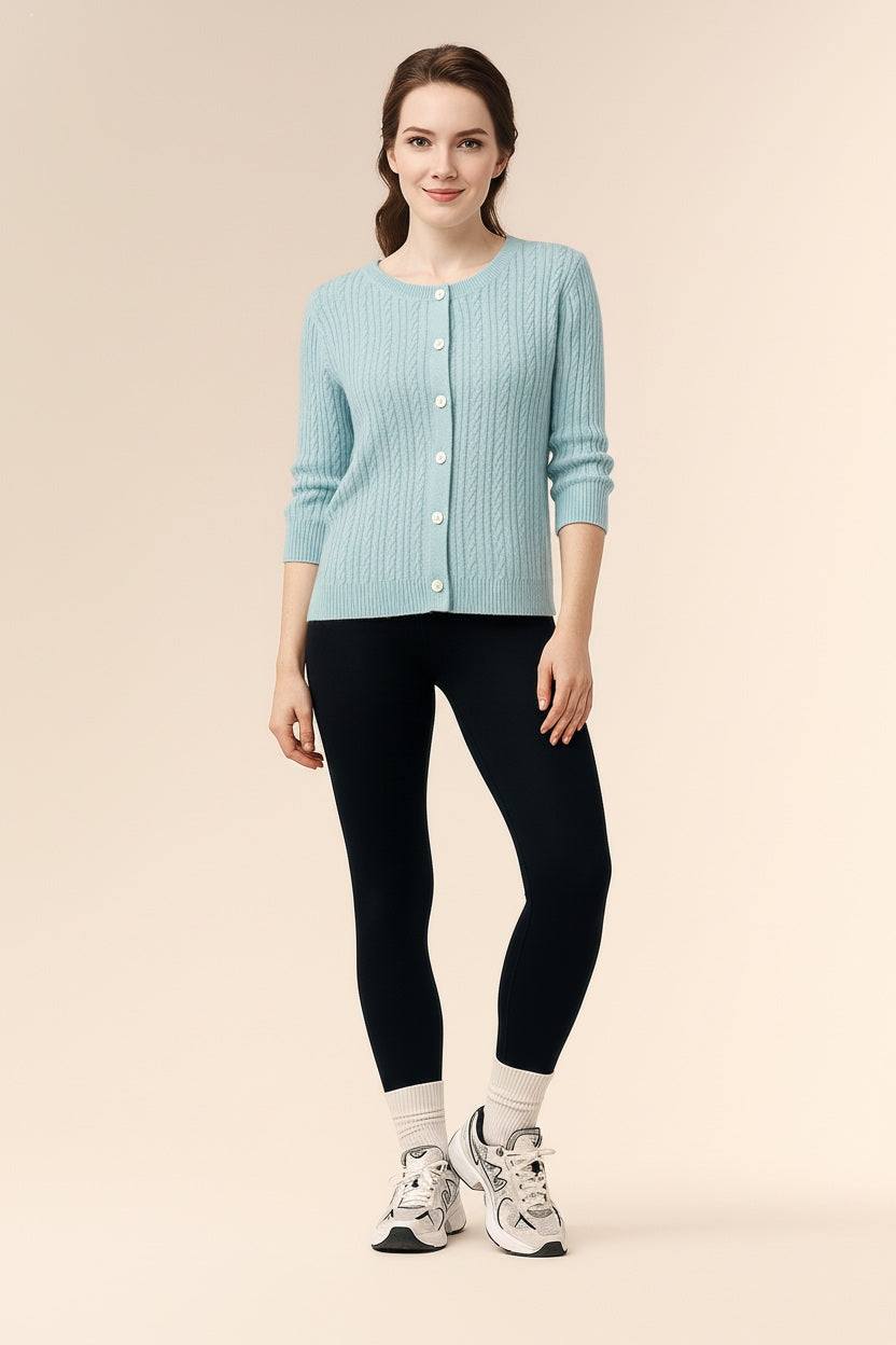 Women Cable Knit Cardigan Round Neck Sweater