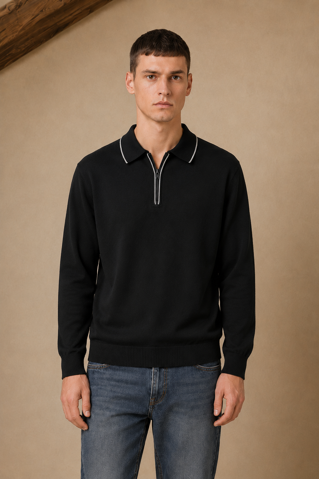 Men’s Black Half-Zip Polo Collar Sweater – Regular Fit Full Sleeve Winter Pullover