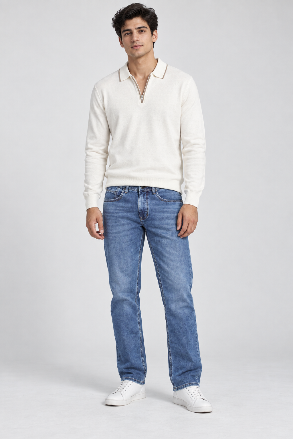 Men’s Regular Fit Knitted Quarter-Zip Sweater – Off White