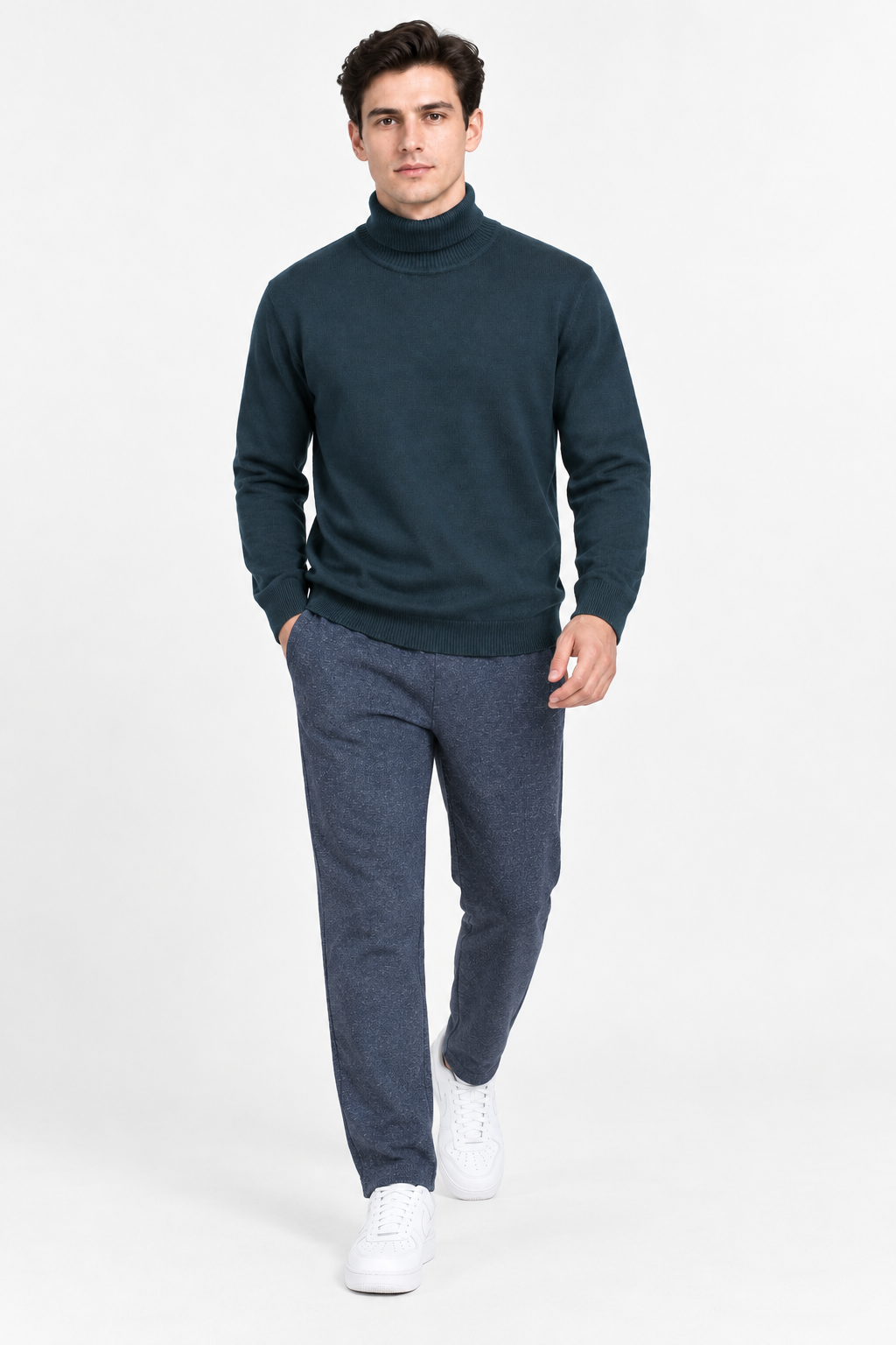 Men’s Teal Cotton Turtleneck Sweater – Regular Fit Full Sleeve Knitted Pullover