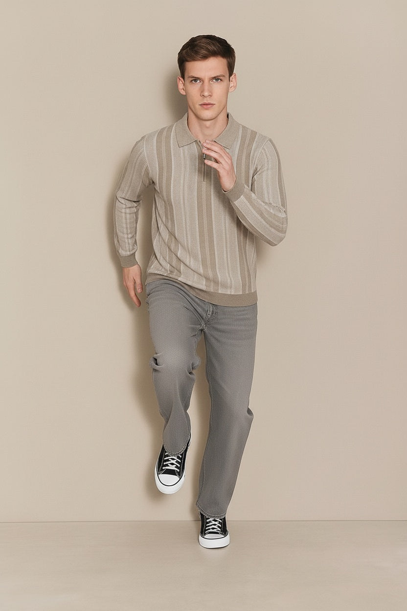 Men Striped Polo Neck Sweater