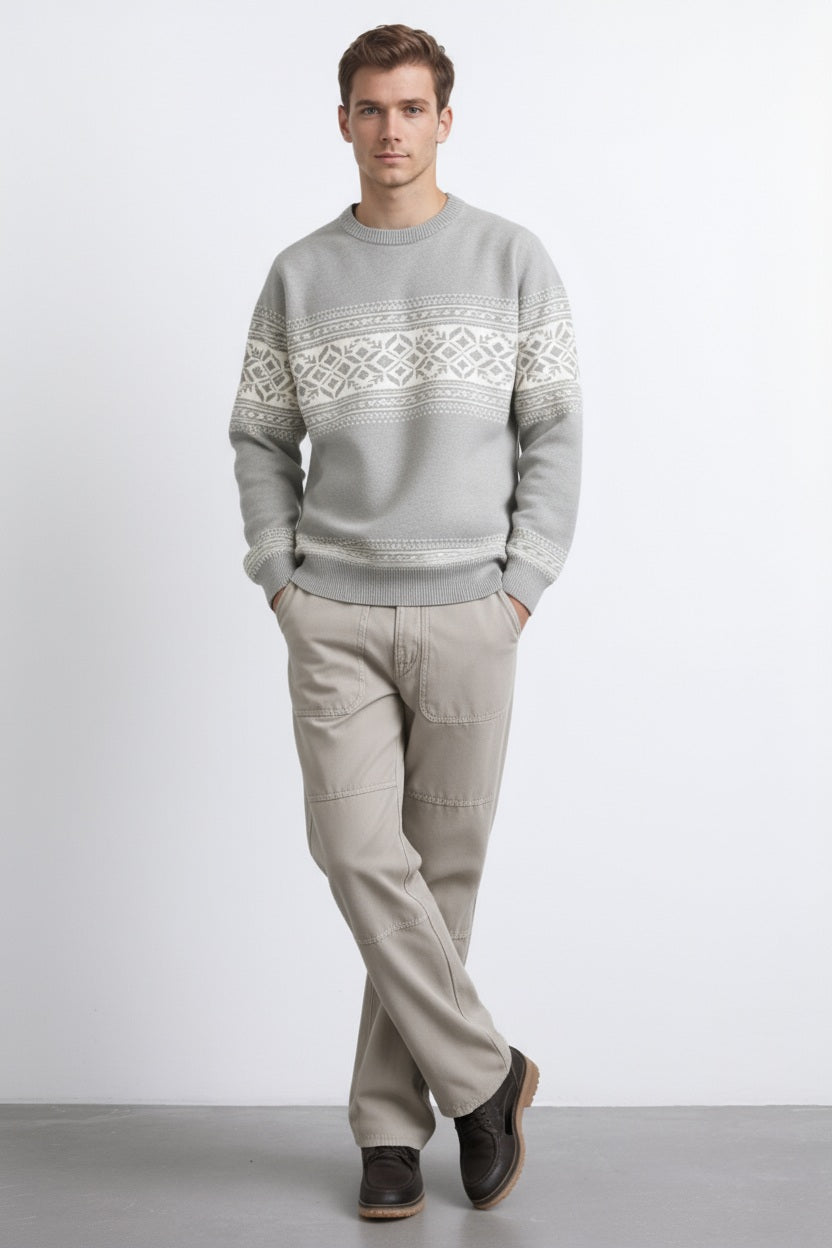Men Fair Isle Printed Round Neck Pullover Sweater