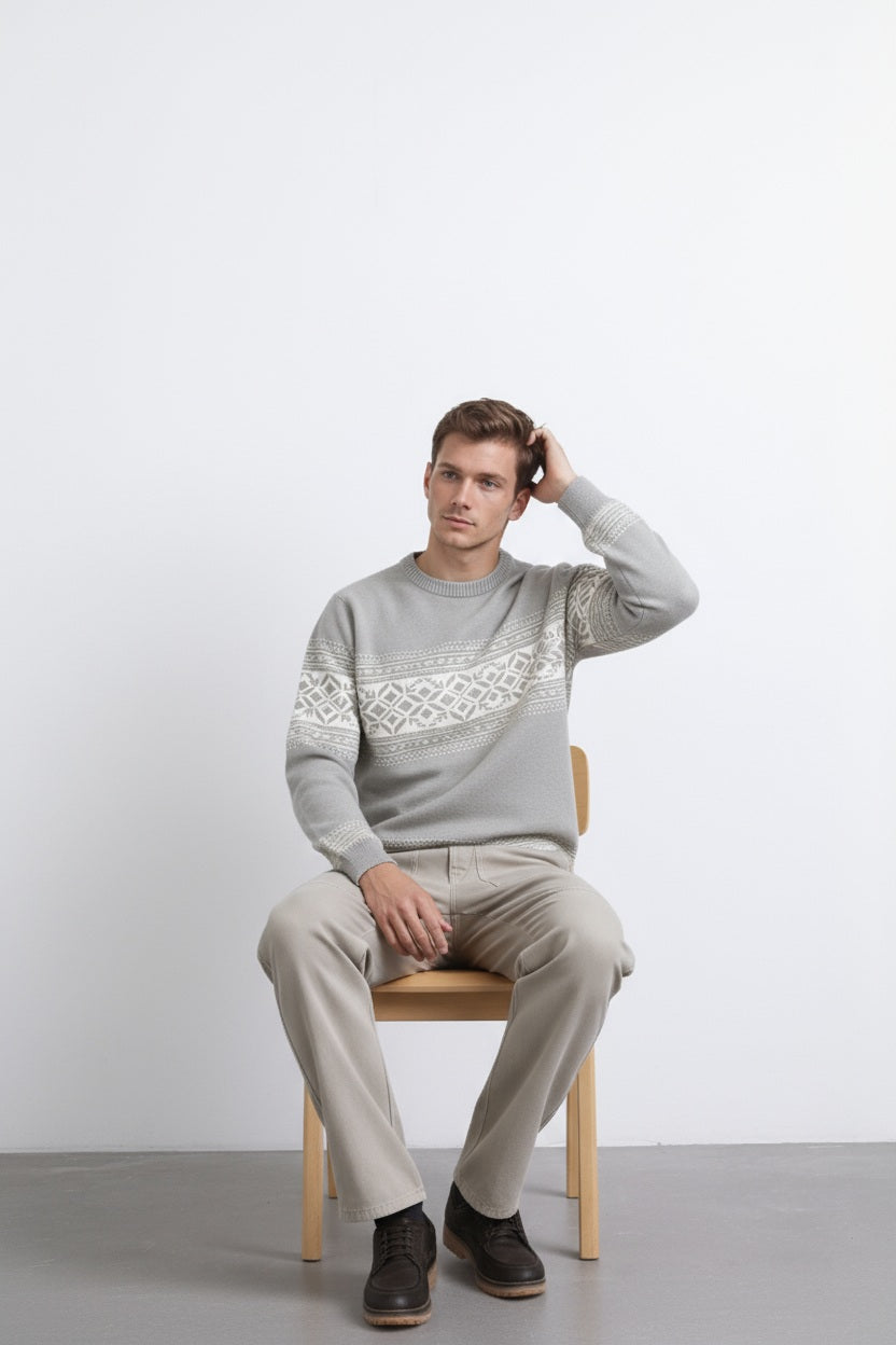 Men Fair Isle Printed Round Neck Pullover Sweater