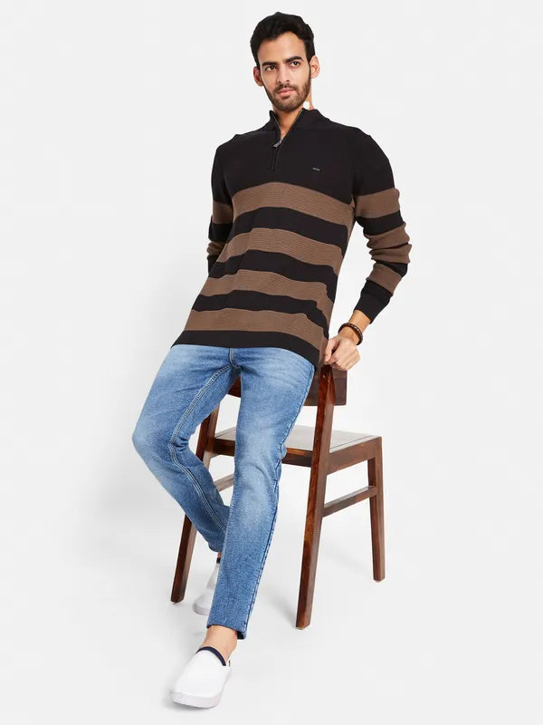 Striped Mock Collar Cotton Pullover