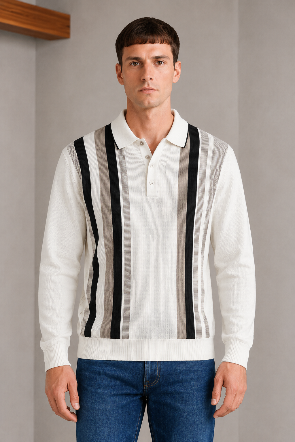 Men’s Off White Cotton Knitted Polo Sweater – Regular Fit Striped Full Sleeve Pullover