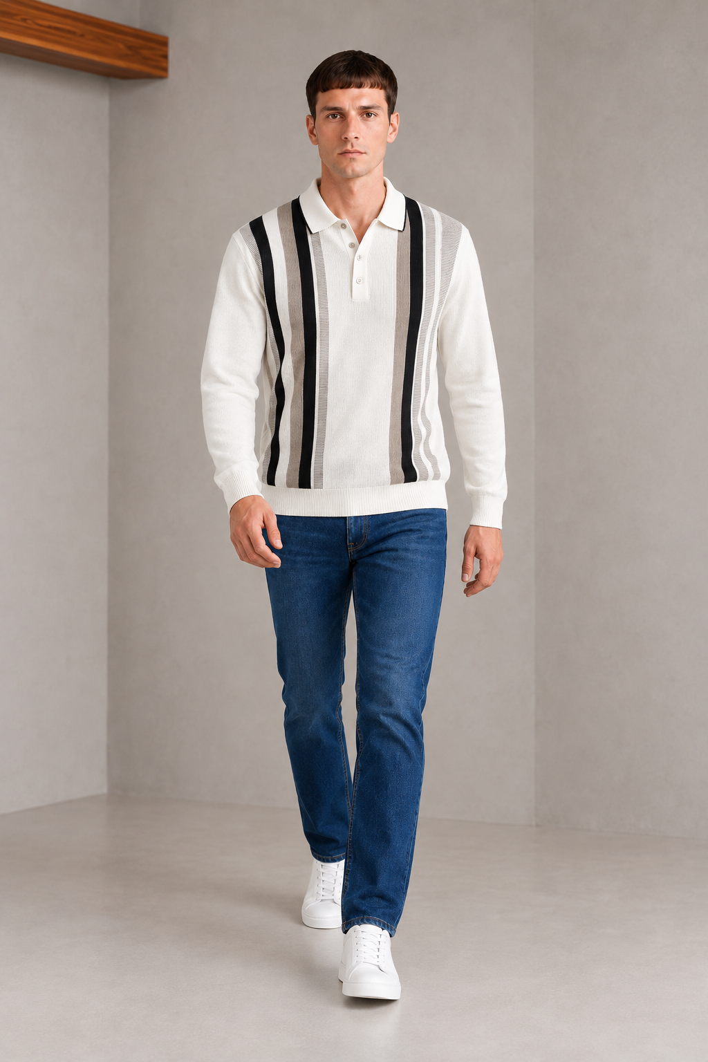 Men’s Off White Cotton Knitted Polo Sweater – Regular Fit Striped Full Sleeve Pullover