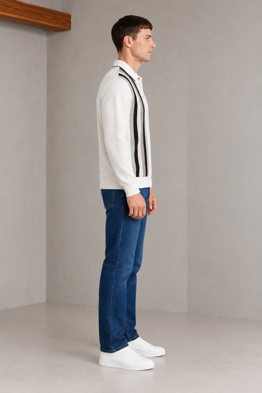 Men’s Off White Cotton Knitted Polo Sweater – Regular Fit Striped Full Sleeve Pullover