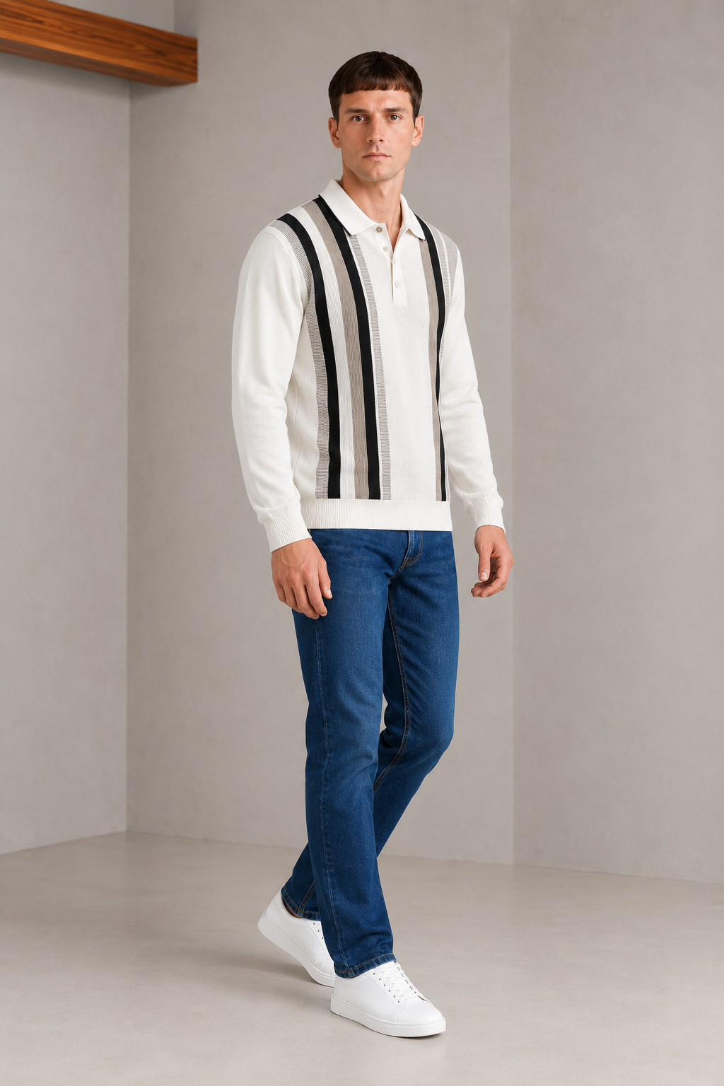 Men’s Off White Cotton Knitted Polo Sweater – Regular Fit Striped Full Sleeve Pullover
