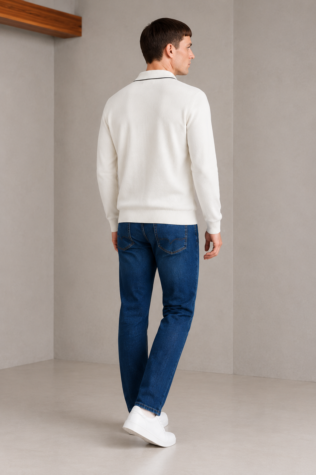Men’s Off White Cotton Knitted Polo Sweater – Regular Fit Striped Full Sleeve Pullover