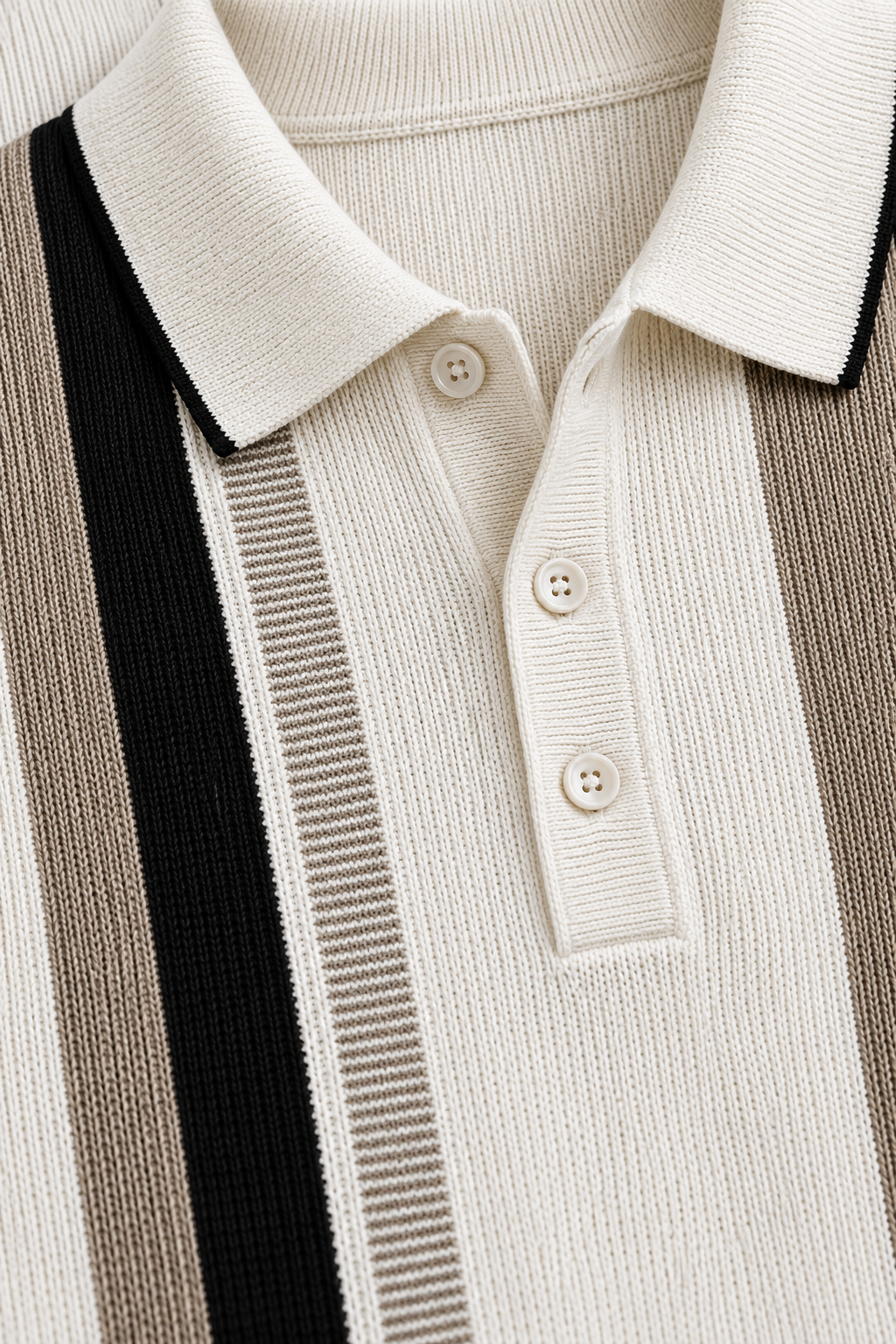 Men’s Off White Cotton Knitted Polo Sweater – Regular Fit Striped Full Sleeve Pullover