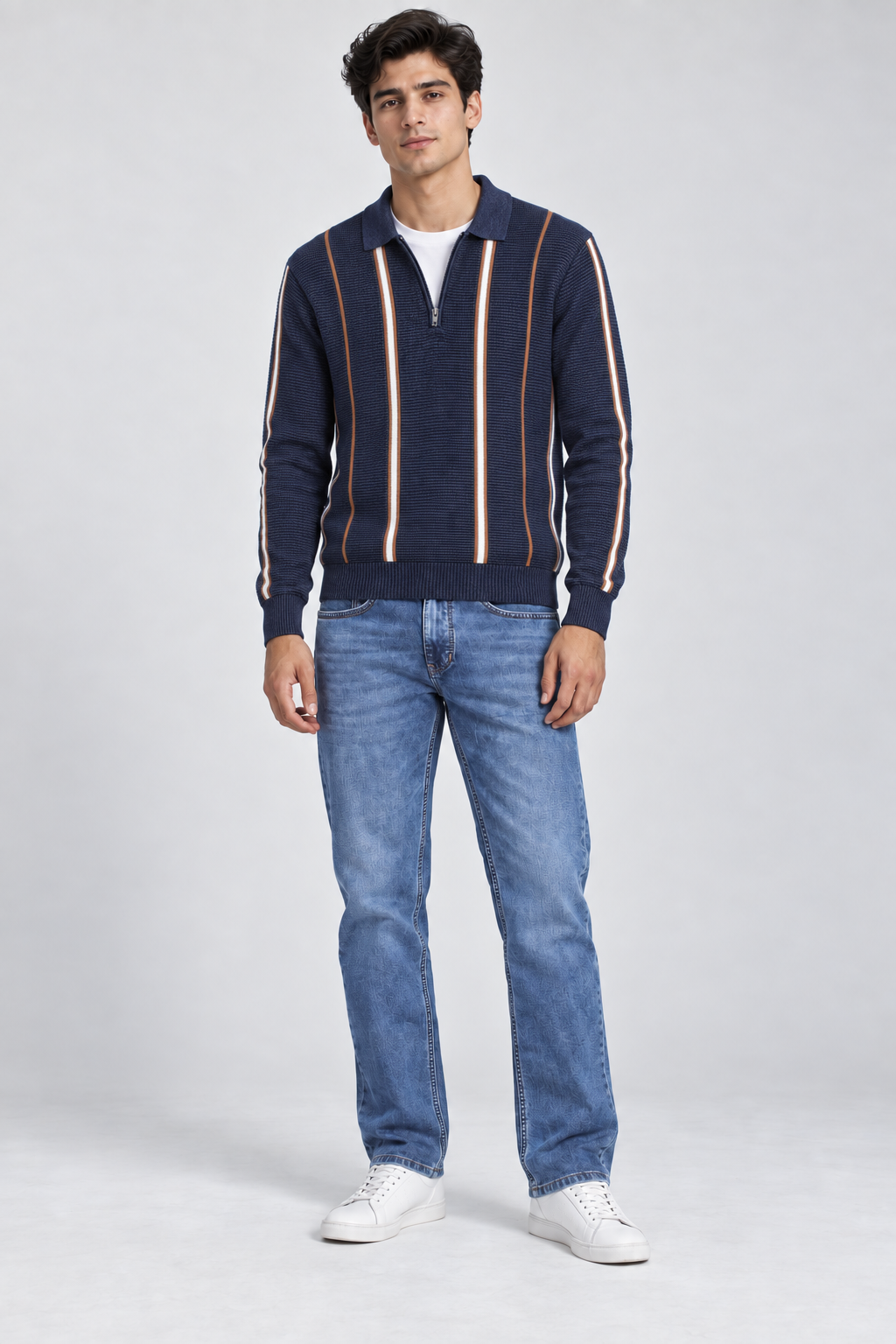 Men’s Regular Fit Knitted Half-Zip Striped Sweater – Navy