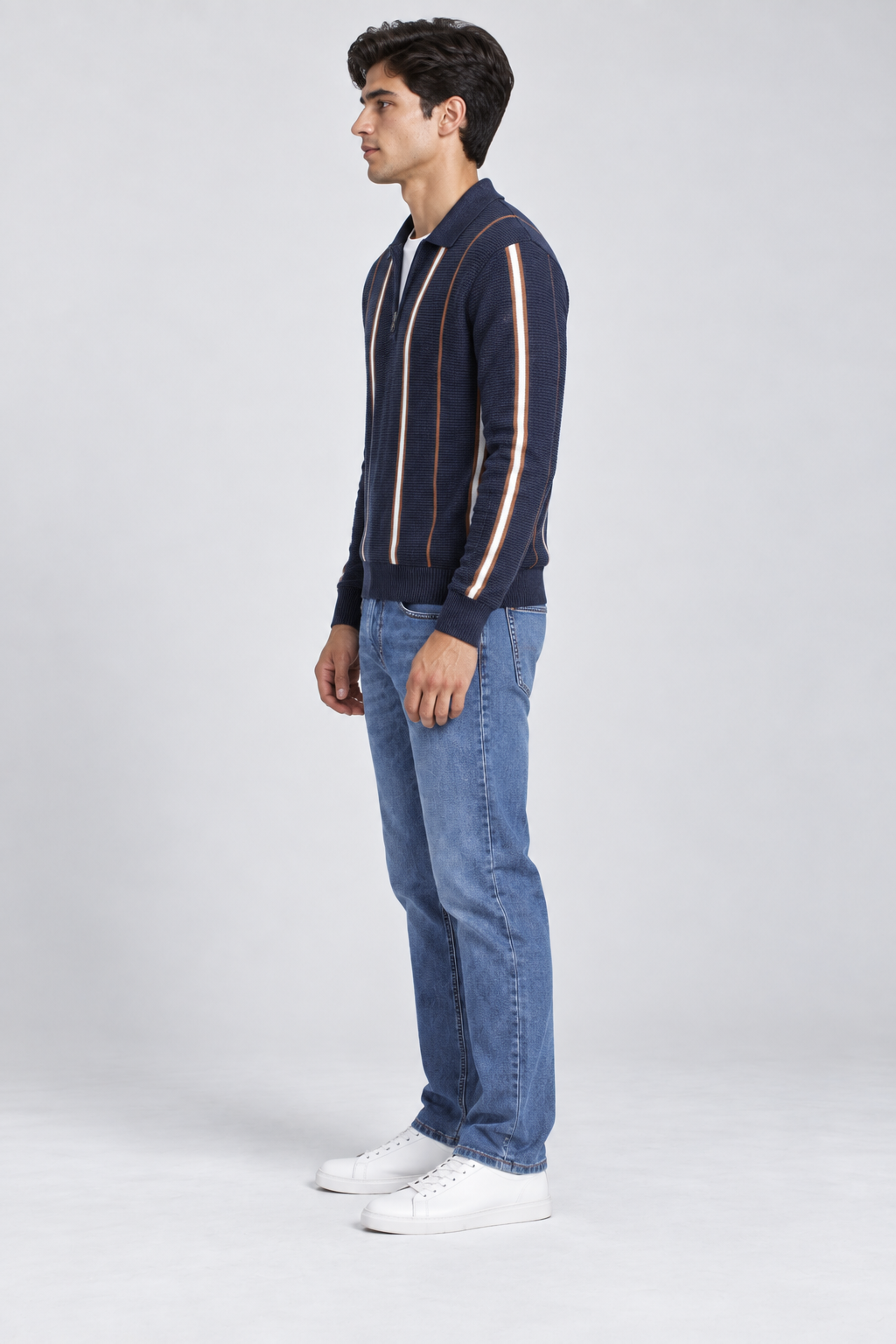 Men’s Regular Fit Knitted Half-Zip Striped Sweater – Navy