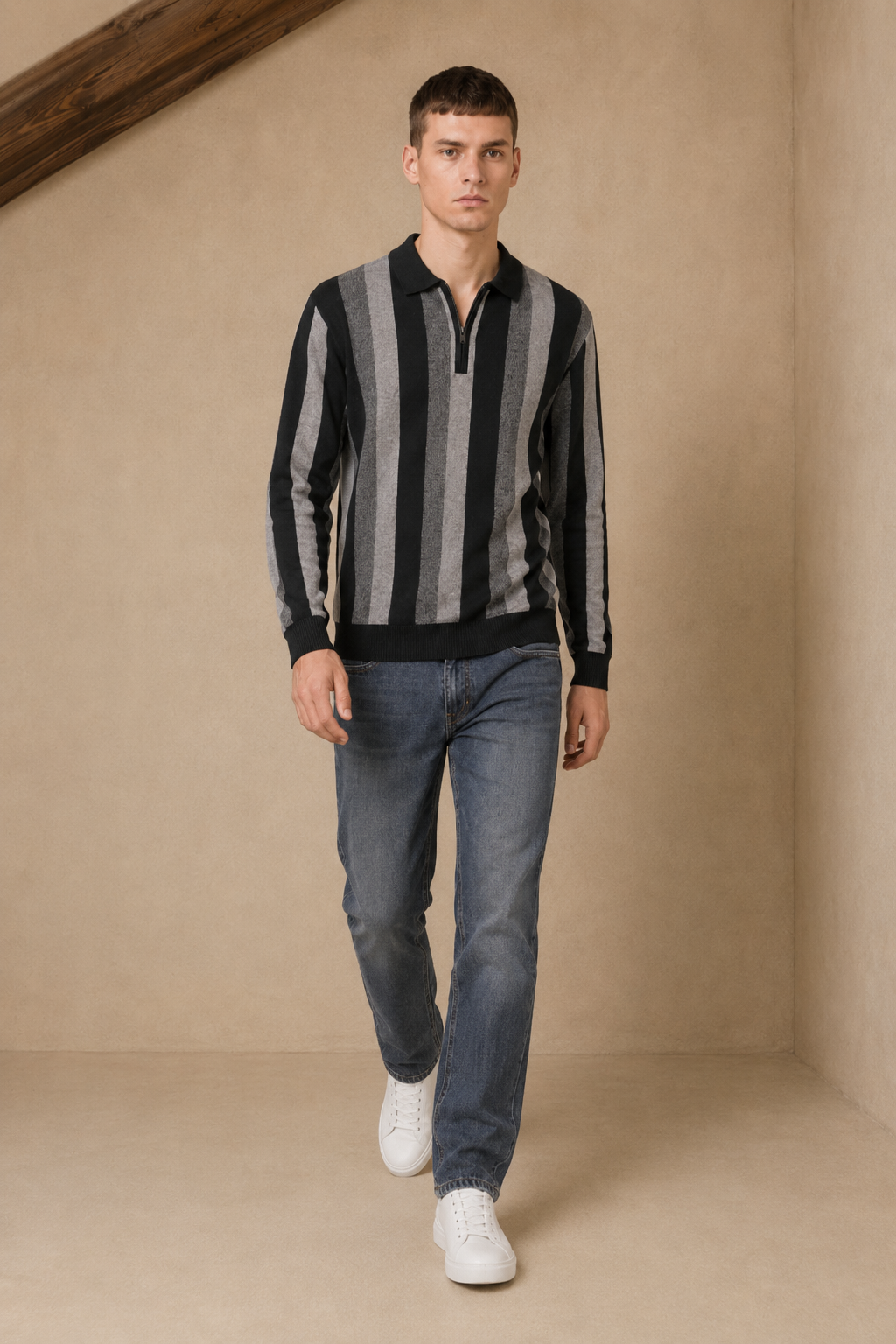 Men’s Black Striped Polo Collar Half-Zip Kinitted Sweater – Regular Fit Full Sleeve Winter Pullover