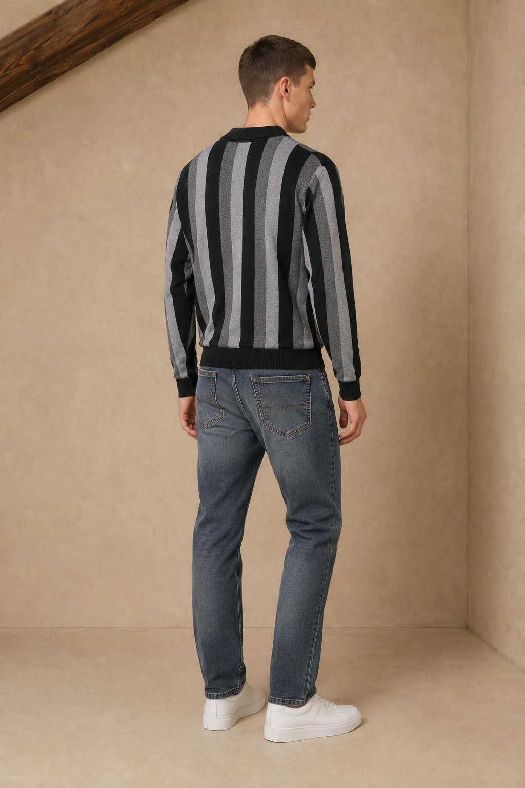 Men’s Black Striped Polo Collar Half-Zip Kinitted Sweater – Regular Fit Full Sleeve Winter Pullover