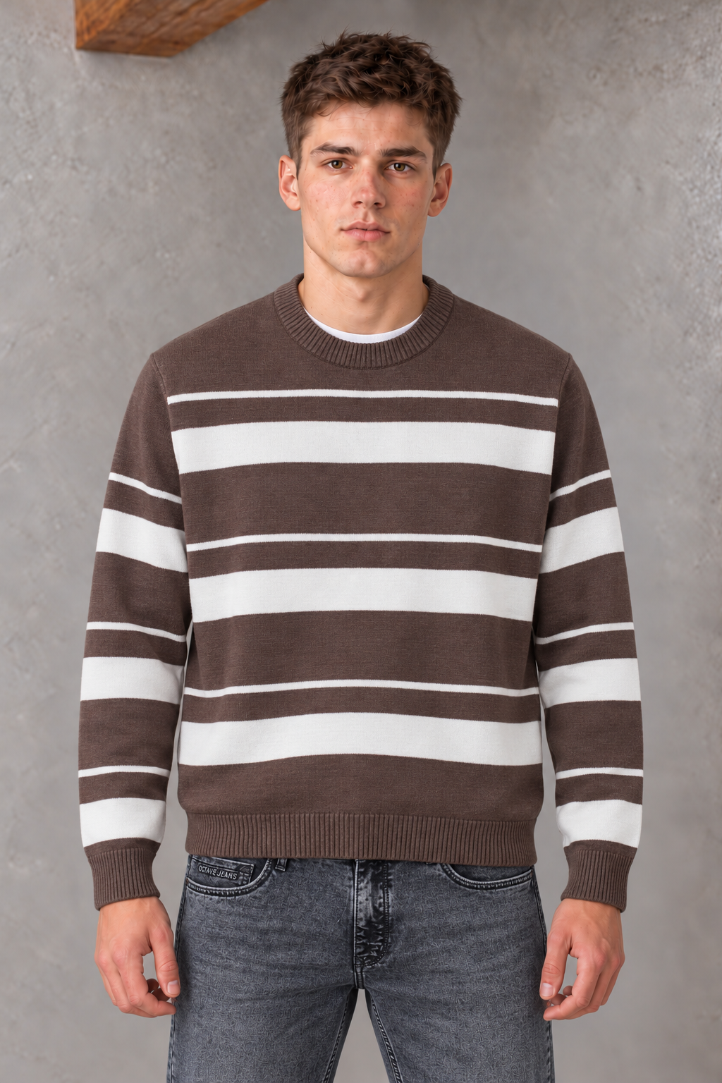 Men’s Mocha Striped Regular Fit Round Neck Knitted Sweater