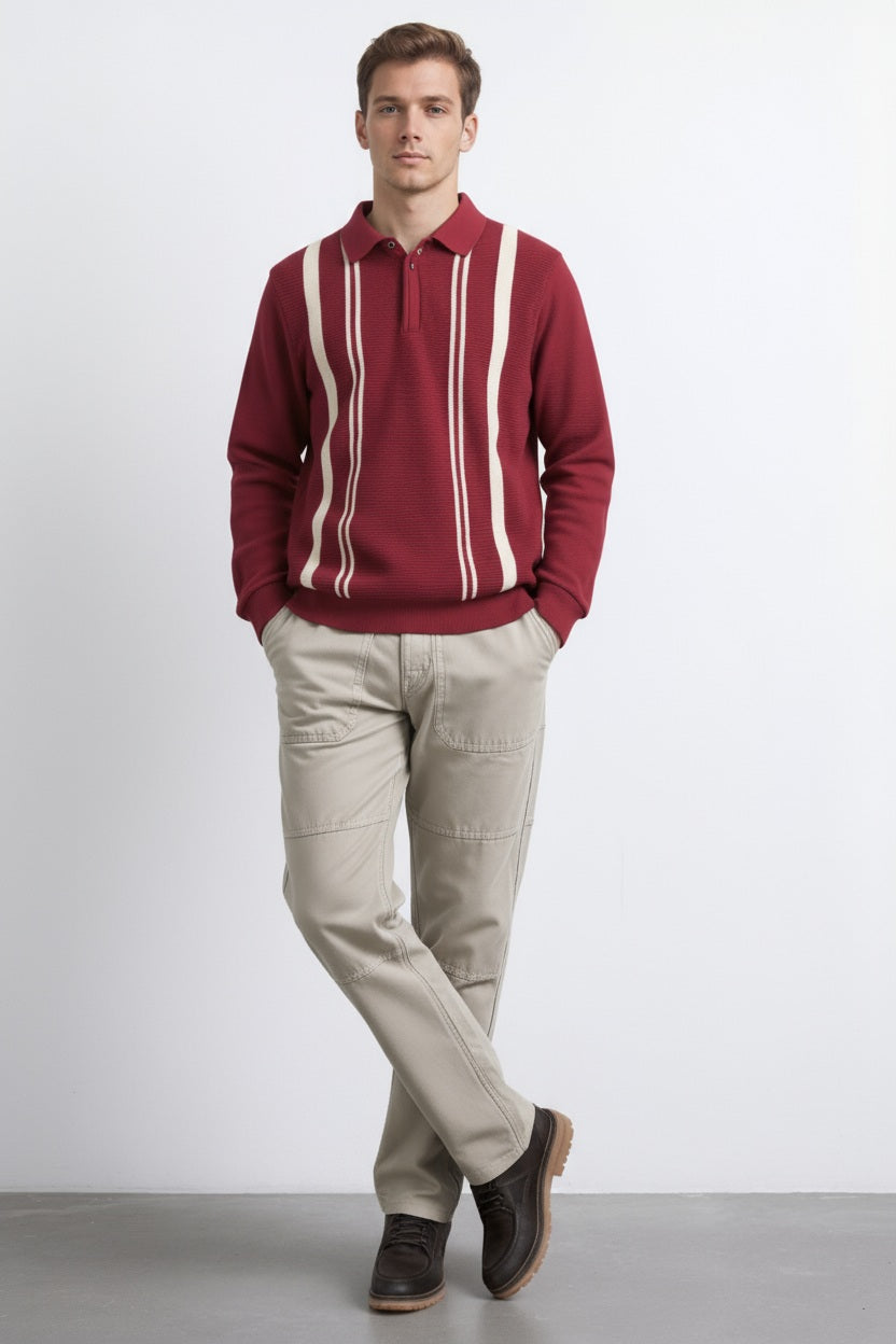 Men Merlot Striped Shirt collar Pullover Sweater
