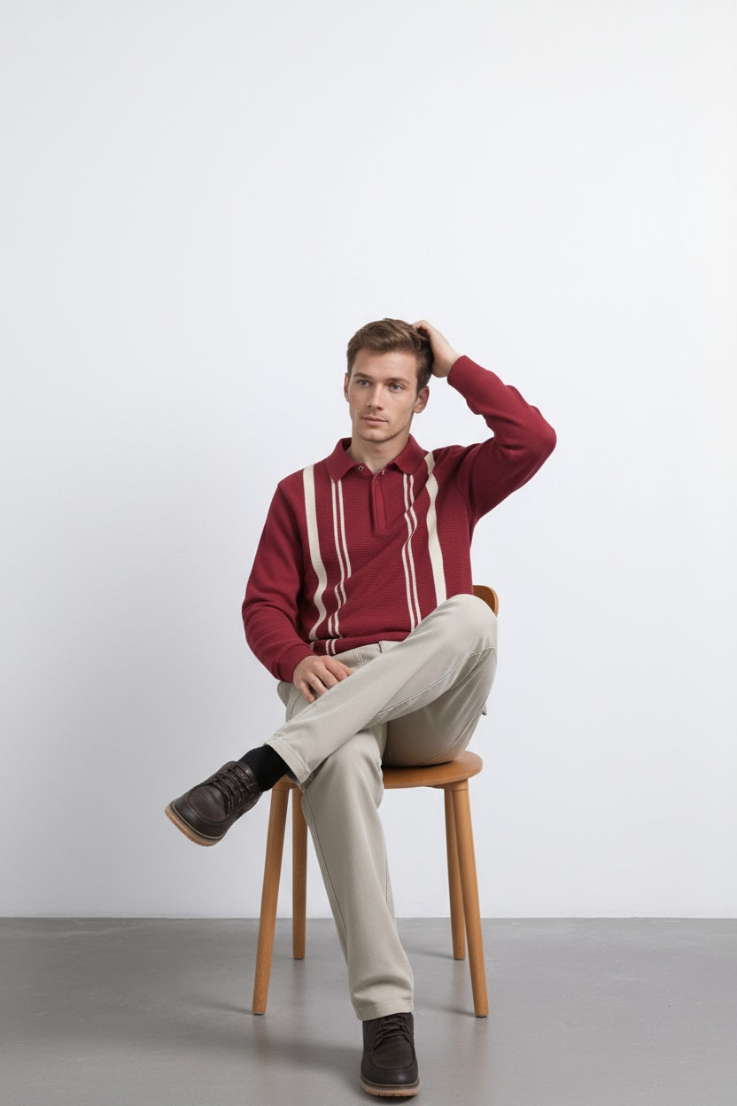 Men Merlot Striped Shirt collar Pullover Sweater