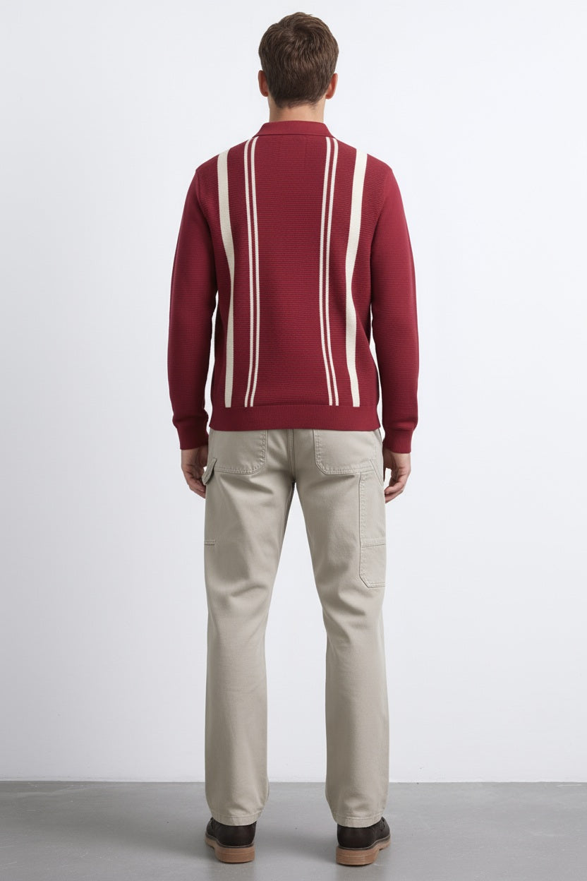 Men Merlot Striped Shirt collar Pullover Sweater