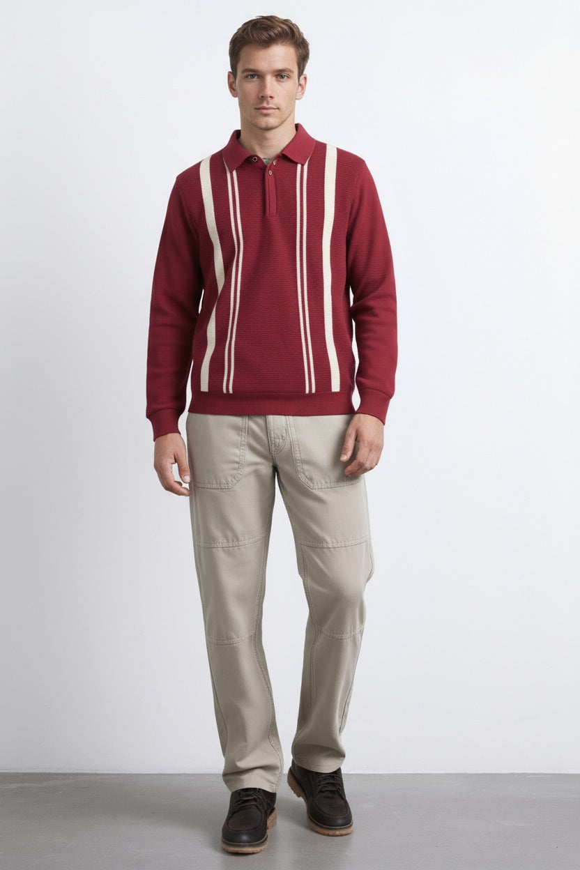 Men Merlot Striped Shirt collar Pullover Sweater