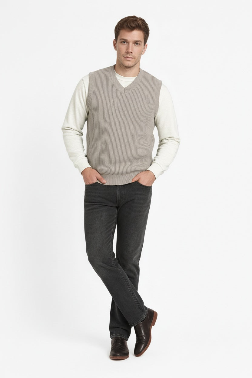 Men Sand Ribbed V-Neck Sweater Vest