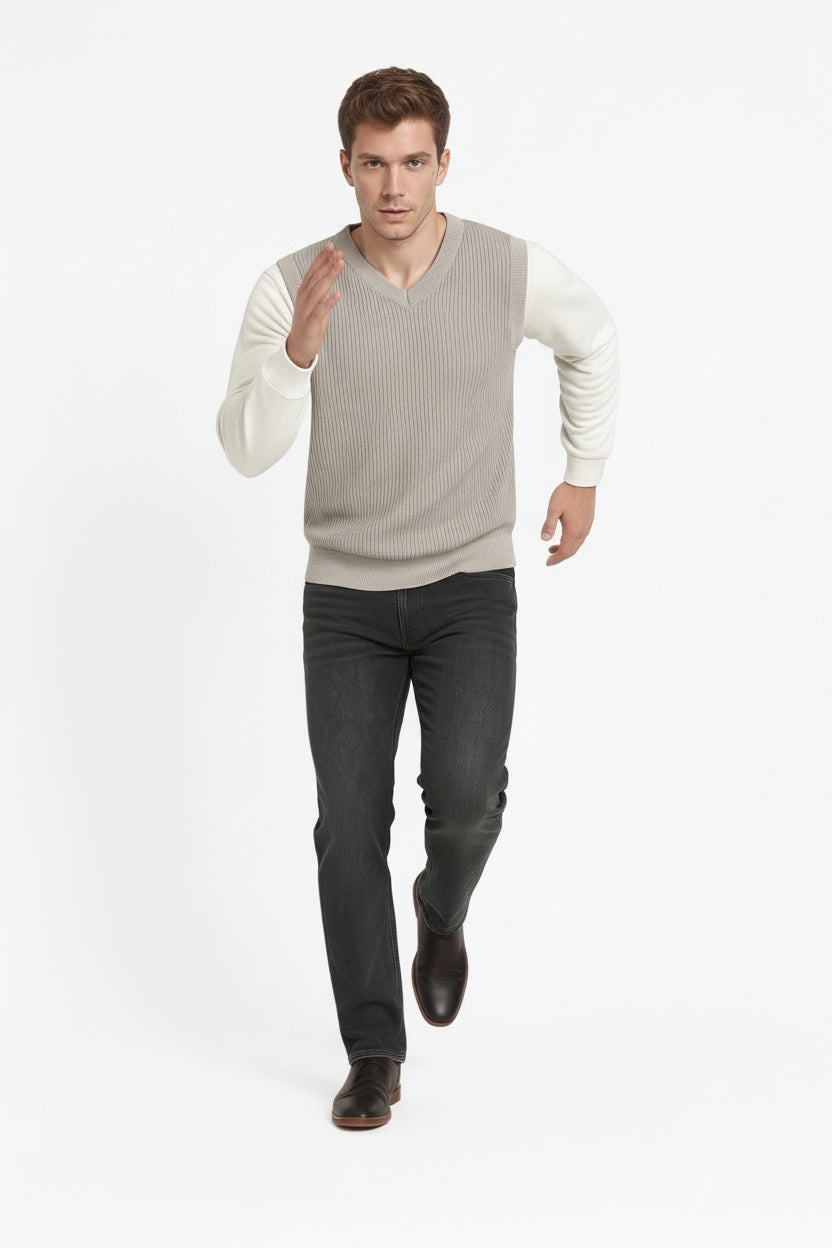 Men Sand Ribbed V-Neck Sweater Vest