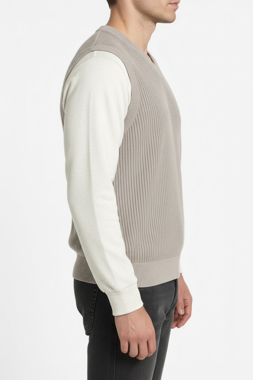 Men Sand Ribbed V-Neck Sweater Vest
