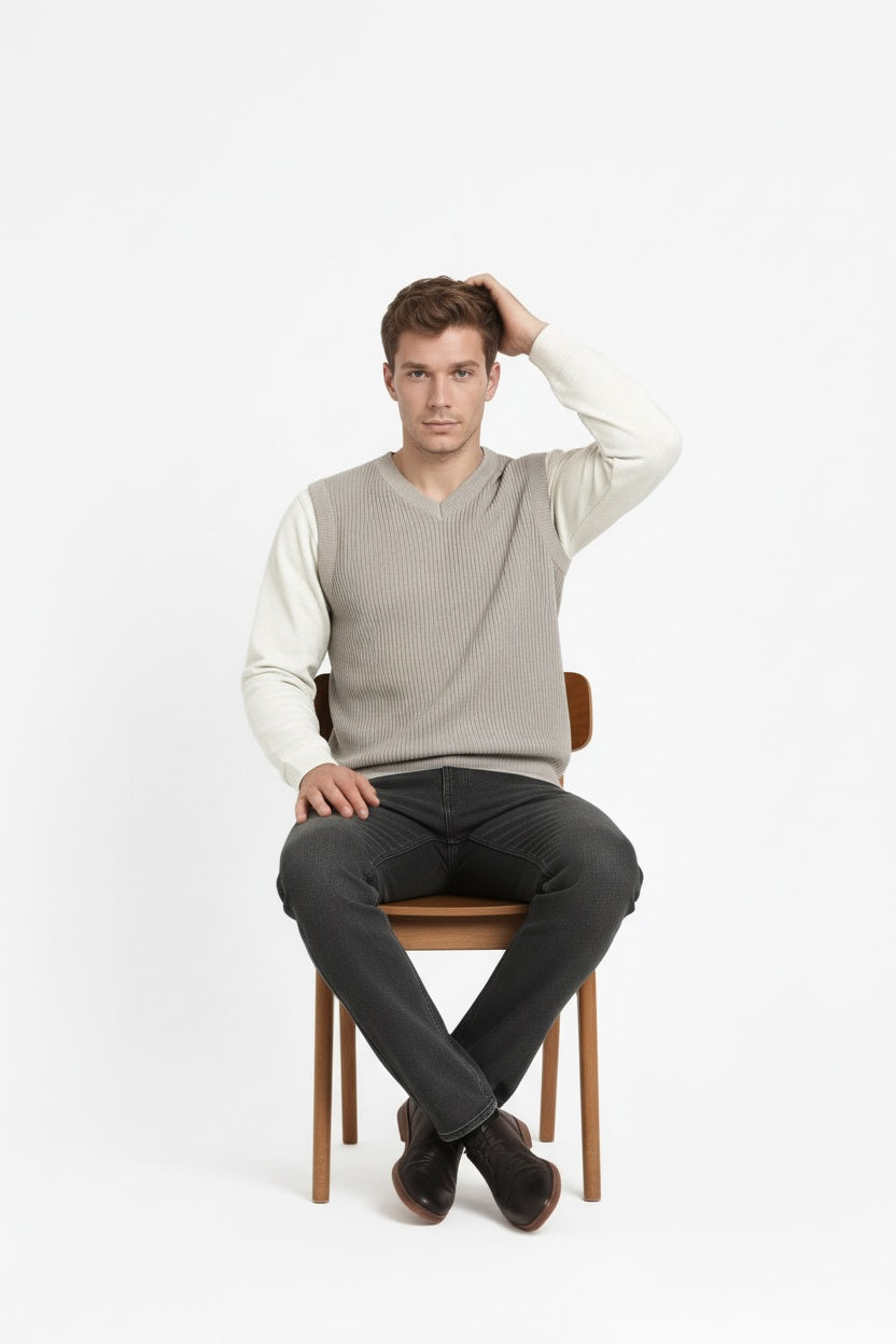 Men Sand Ribbed V-Neck Sweater Vest