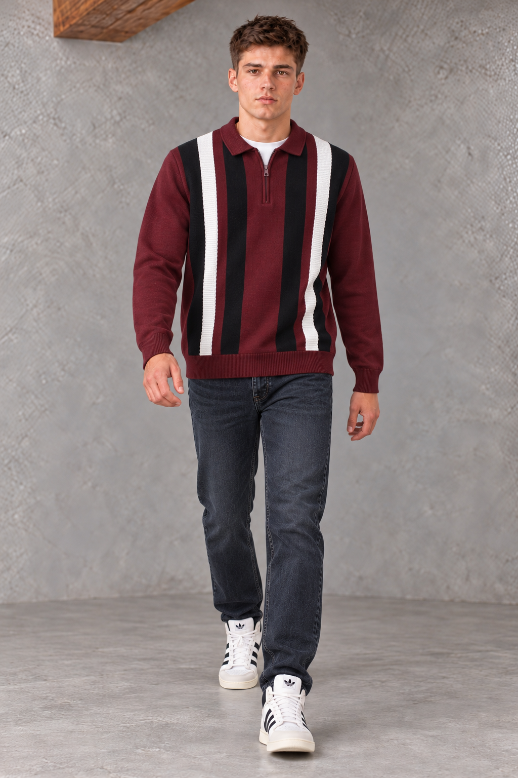 Men’s Merlot Striped Regular Fit Cotton Knitted Polo Sweater