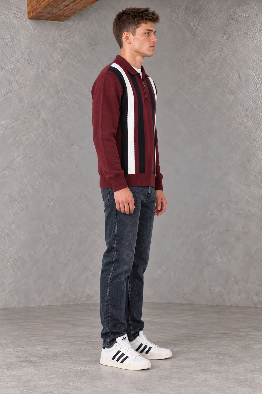 Men’s Merlot Striped Regular Fit Cotton Knitted Polo Sweater