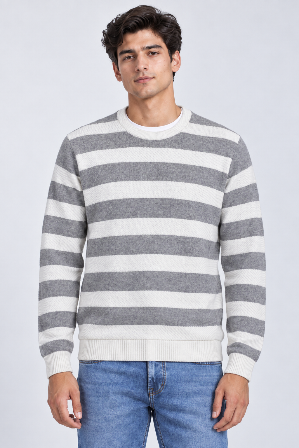 Men’s Regular Fit Knitted Cotton Striped Crew Neck Sweater – Grey