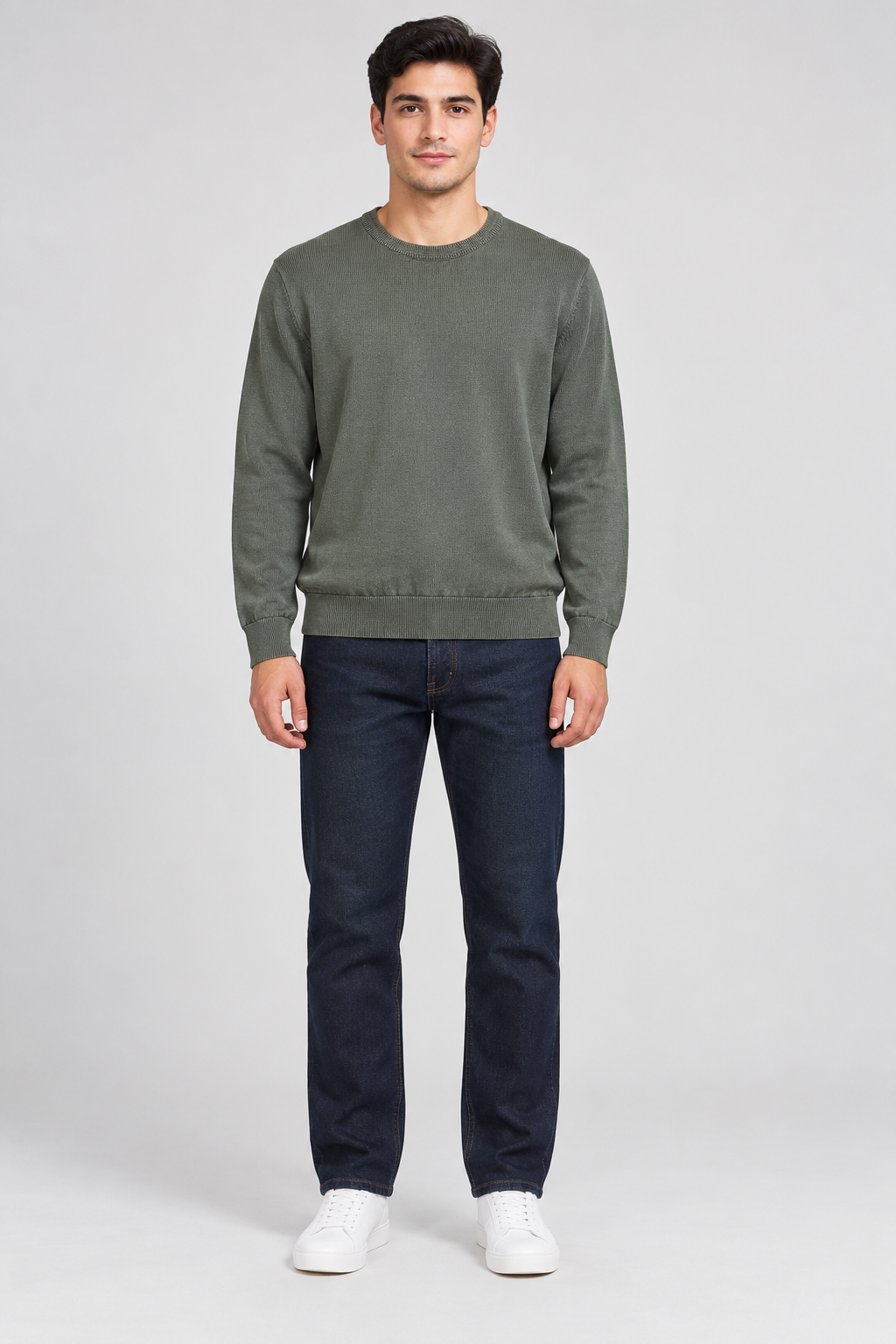 Men's Cotton Overdyed Knitted Sweater – Olive | Regular Fit |