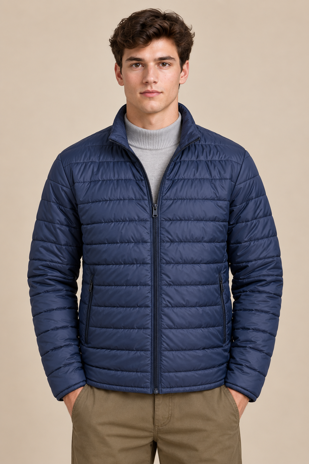 Men’s Reversible Puffer Jacket – Navy & Merlot Grey Regular Fit Full-Zip Winter Jacket