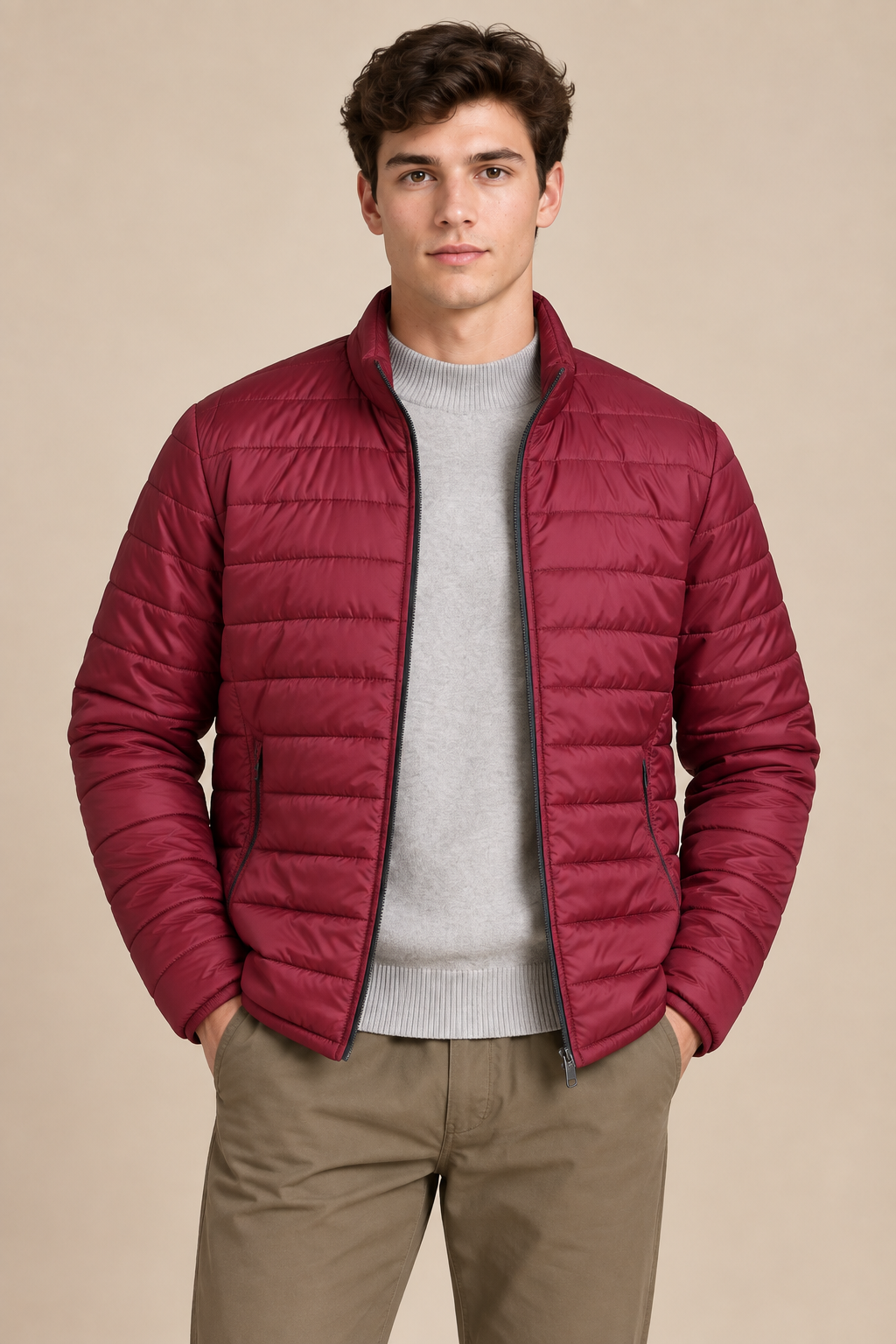 Men’s Reversible Puffer Jacket – Navy & Merlot Grey Regular Fit Full-Zip Winter Jacket