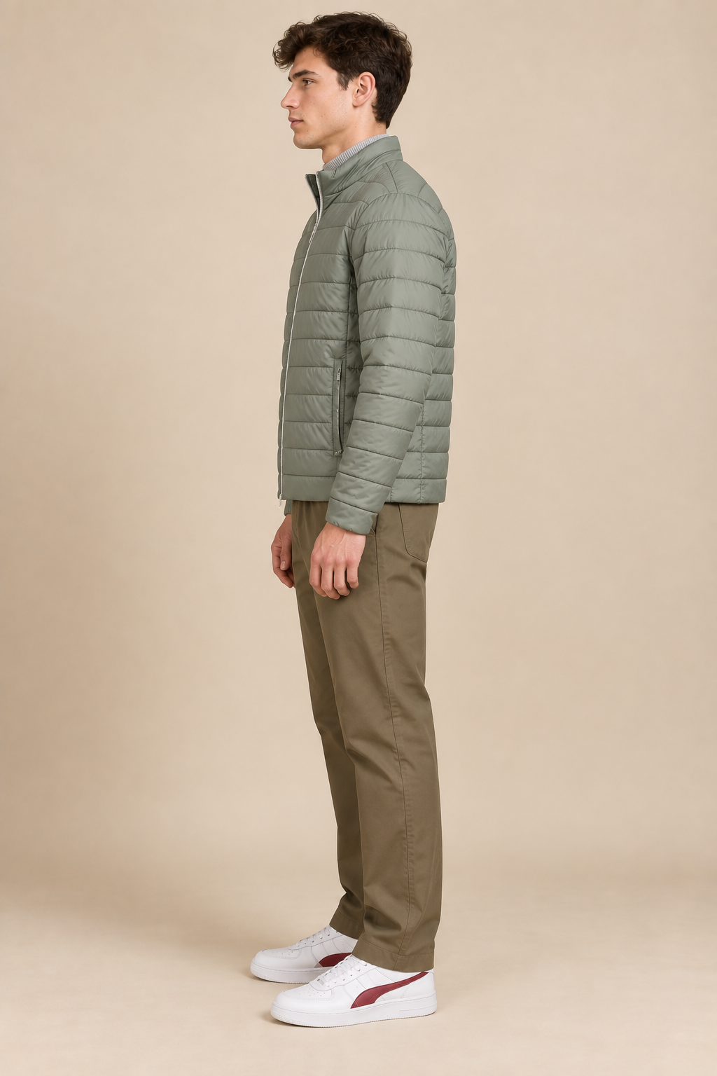 Men’s Reversible Puffer Jacket – Stone & Light Olive Regular Fit Full-Zip Winter Jacket