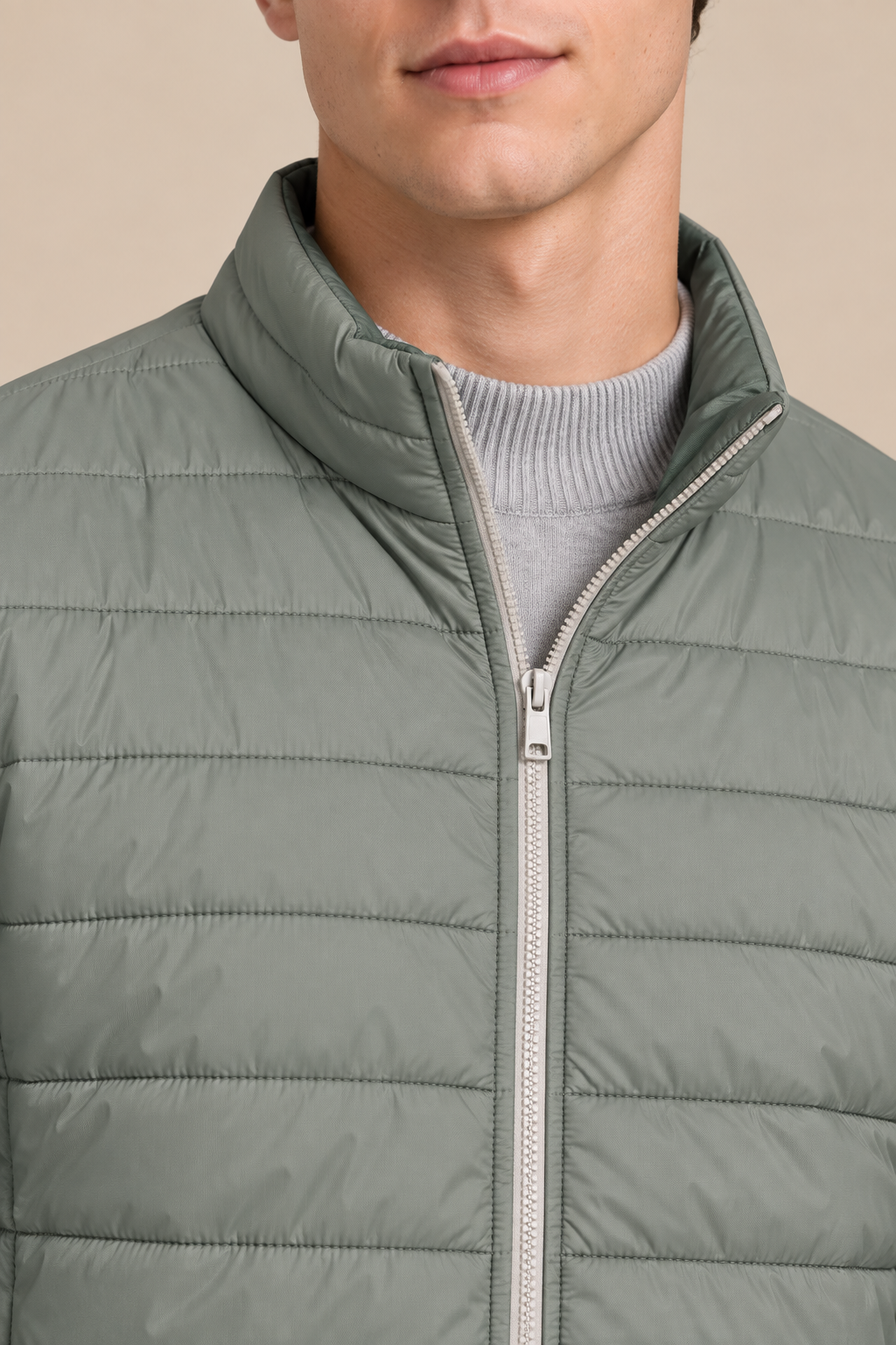 Men’s Reversible Puffer Jacket – Stone & Light Olive Regular Fit Full-Zip Winter Jacket