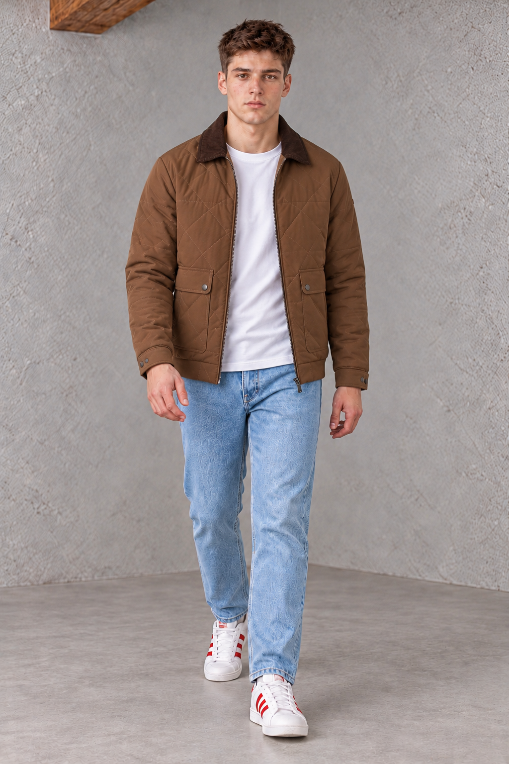 Men’s Tan Regular Fit Urban Core Quilted Jacket with Corduroy Collar