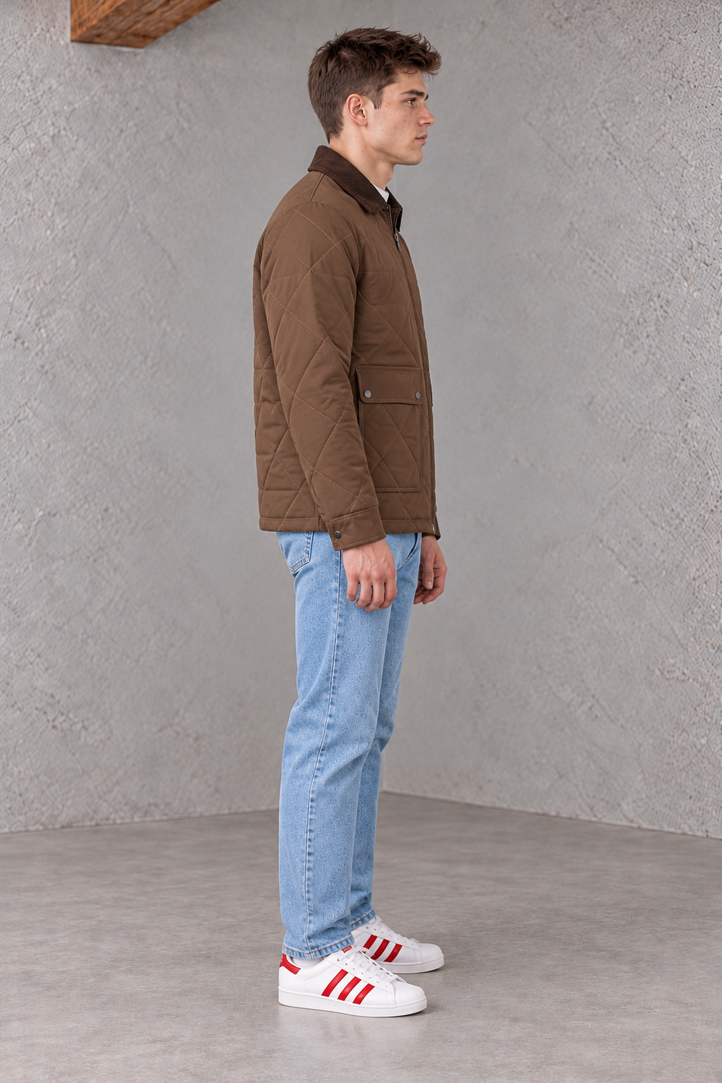 Men’s Tan Regular Fit Urban Core Quilted Jacket with Corduroy Collar